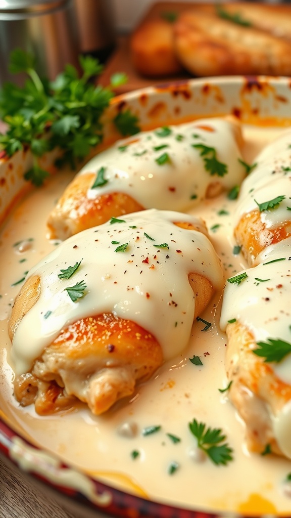 Creamy garlic chicken breast bake with cheese and parsley in a rustic baking dish.